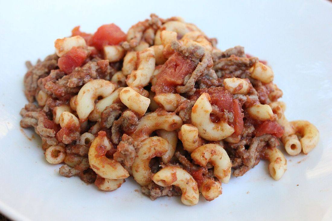 American Chop Suey on White Plate