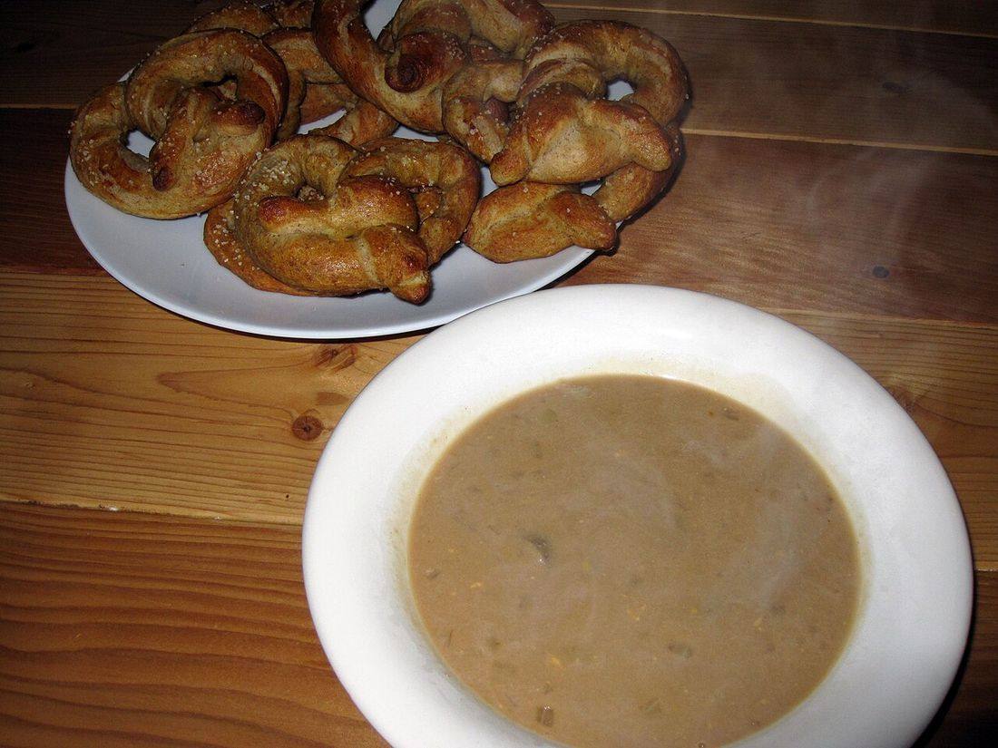 Beer cheese soup with pretzels