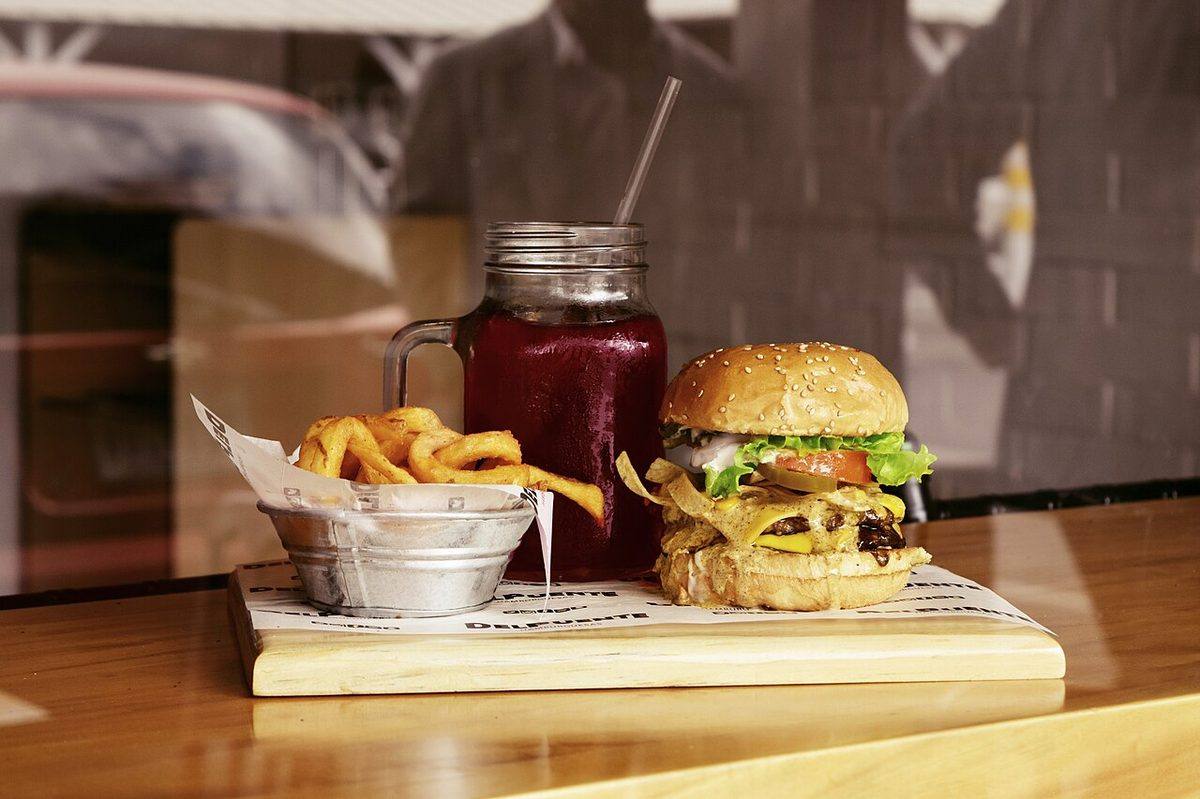 Burger, Fries, and Juice (Unsplash) (Beet Juice)