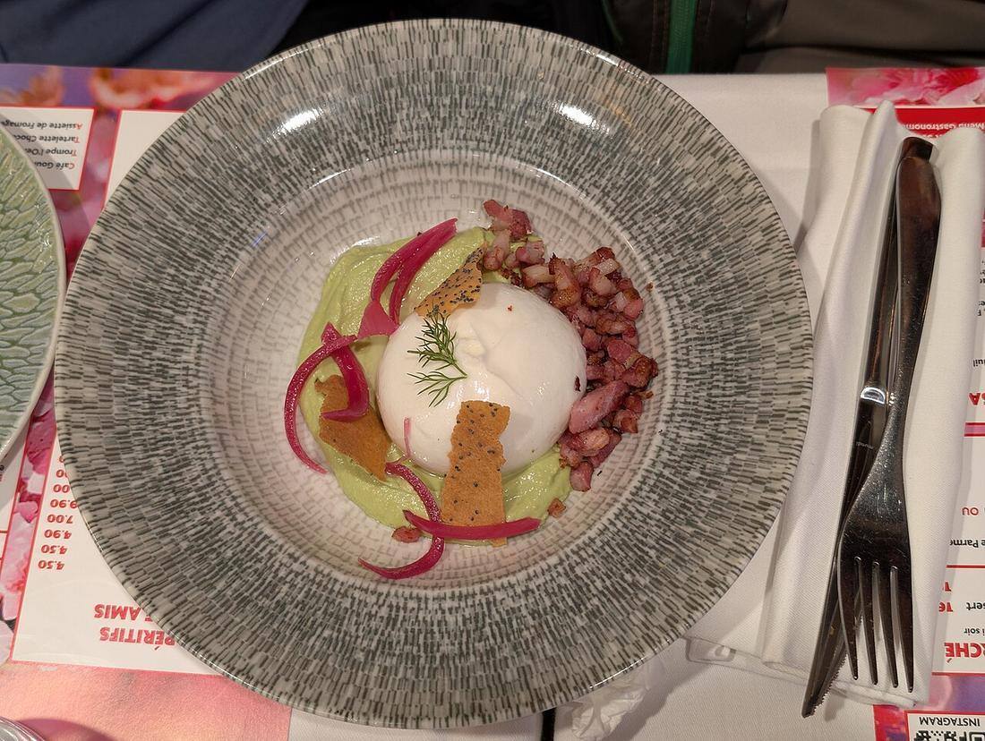 Burrata, Pea Cream & Smoked Bacon Petals - La Terrasse, Rouen 2026-05-10