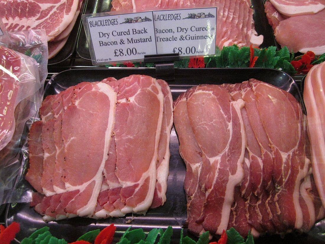 Sides of raw bacon, England (Canadian Bacon)