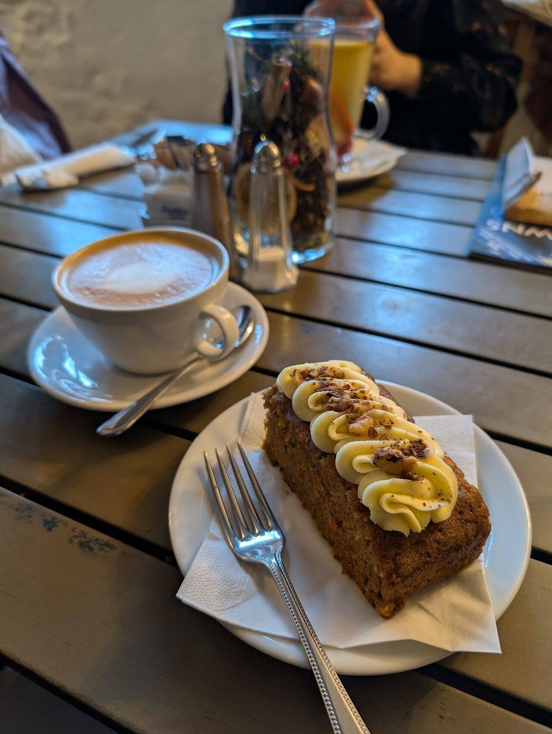 Carrot cake slice and latte - Saltmarsh Farmhouse & Cafe 2024-12-19