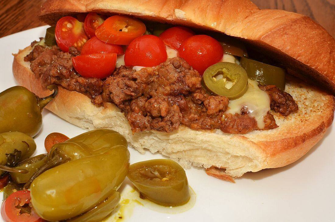 Mmm... ground beef and cheese with pickled peppers and cherry tomatoes (Cherry Peppers)