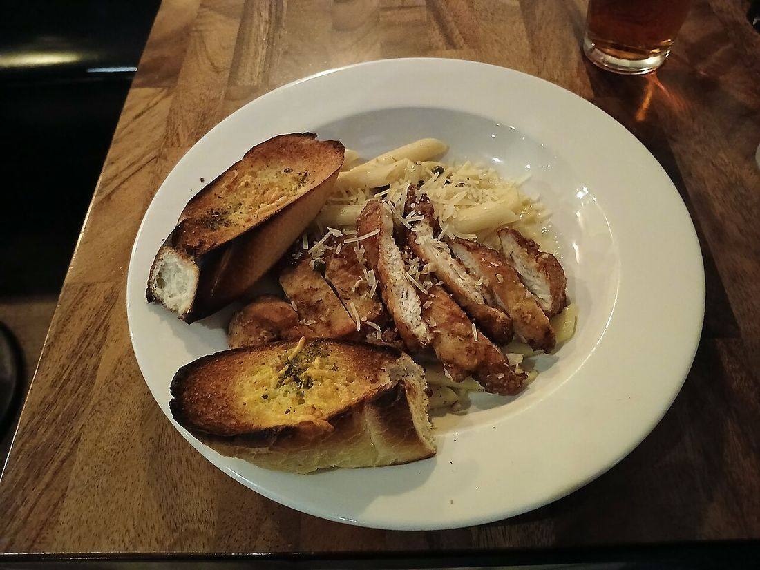 Chicken piccata over penne with toasted bread at Tunnicliff's, without flash