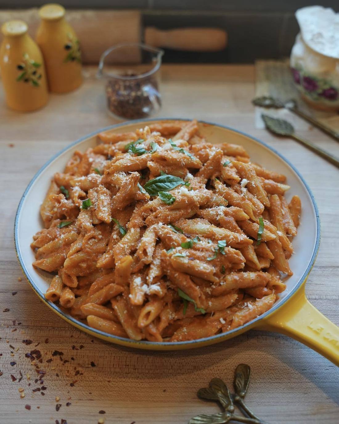Cooked pasta in a colander