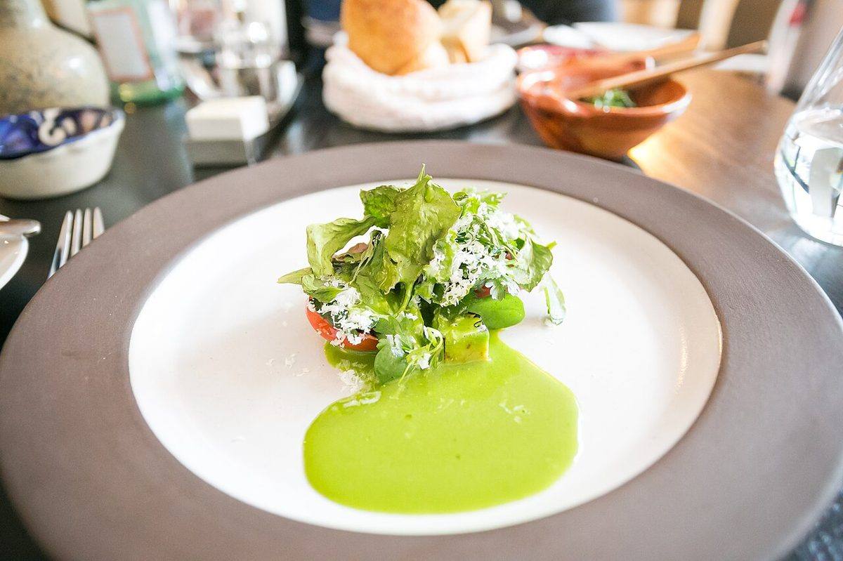 Course -1- Lightly toasted Mexican herb salad with Cotija cheese and grilled tomato (11303571905) (Cotija)