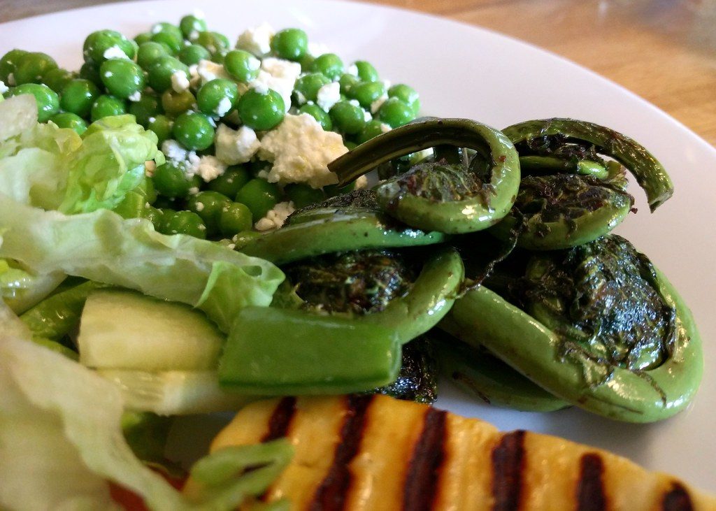 Fiddleheads with halloumi, peas, feta and salad (Fiddleheads)