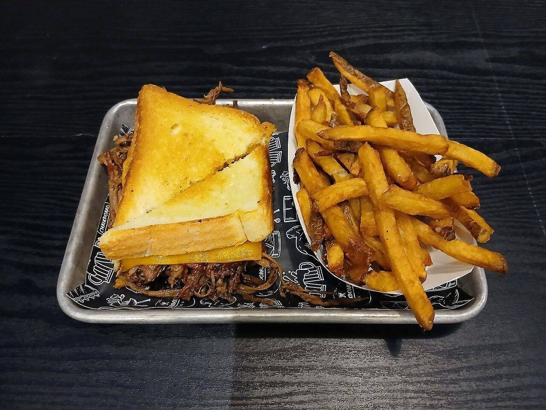 Brisket and grilled cheese sandwich with a side of French fries (Grilled Cheese Sandwiches)