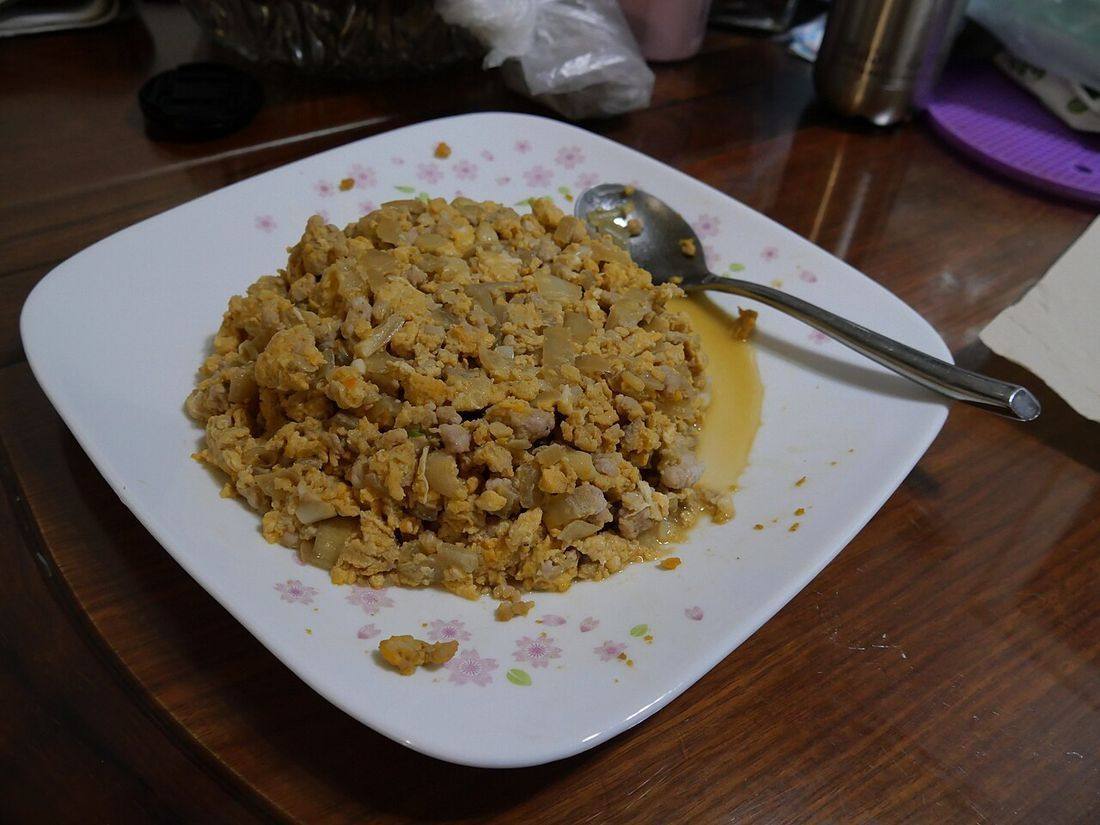 Fried eggs with onions and minced pork in home (Ground Pork)