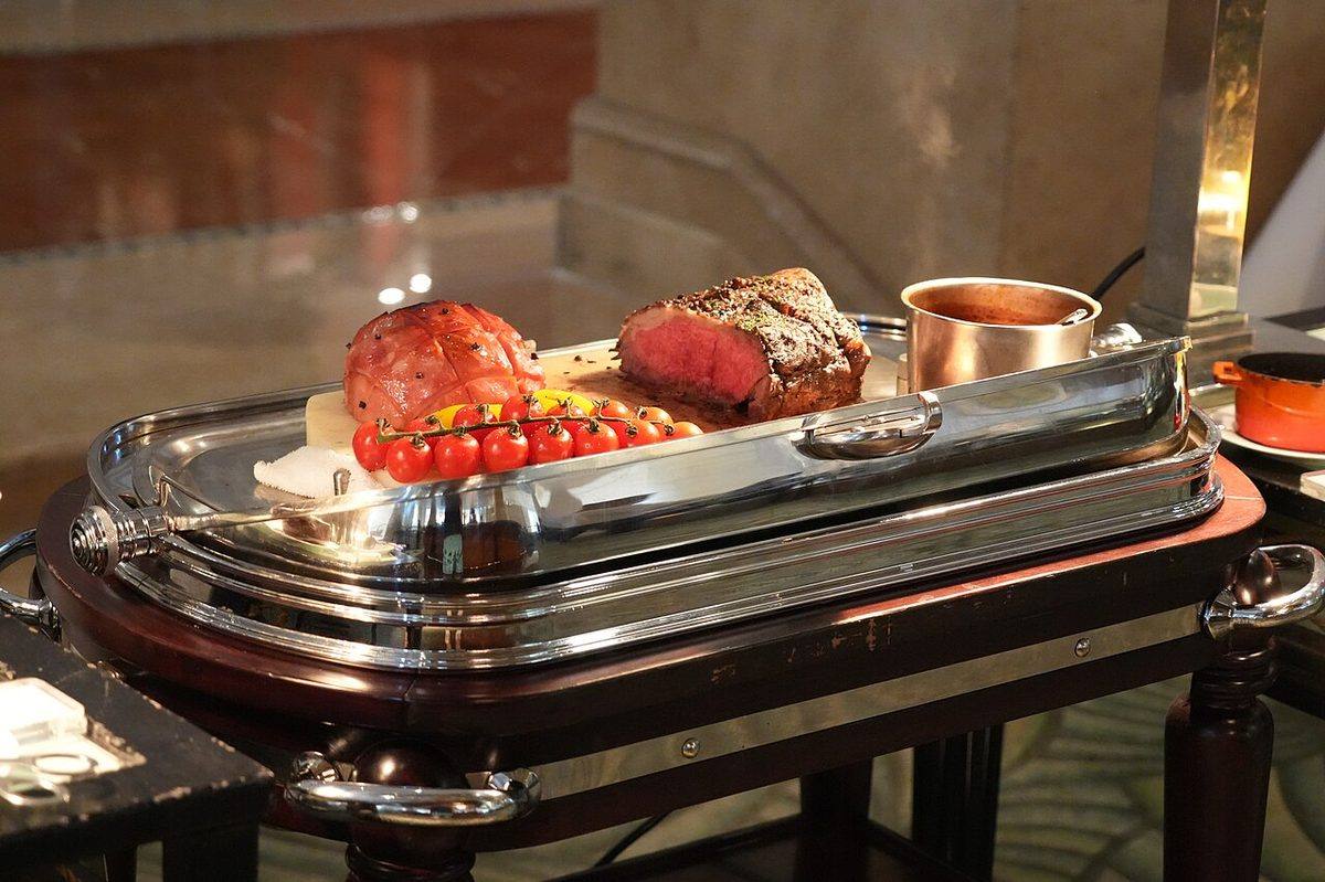 Grilled Ham and Beef steaks in Carving Trolley (Ham Steaks)