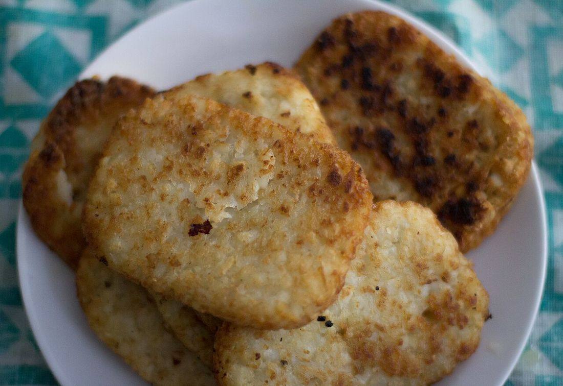 Hash browns on white plate
