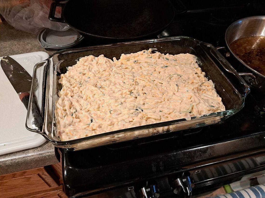 Funeral potatoes before baking (Hashbrown Casserole)