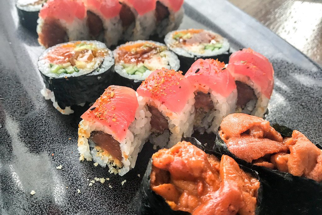 Uni ($10) | Crunchy Spicy Tuna, big eye tuna, shiso panko, togarashi ($21) | Nomi Futomaki, shrimp tempura,...