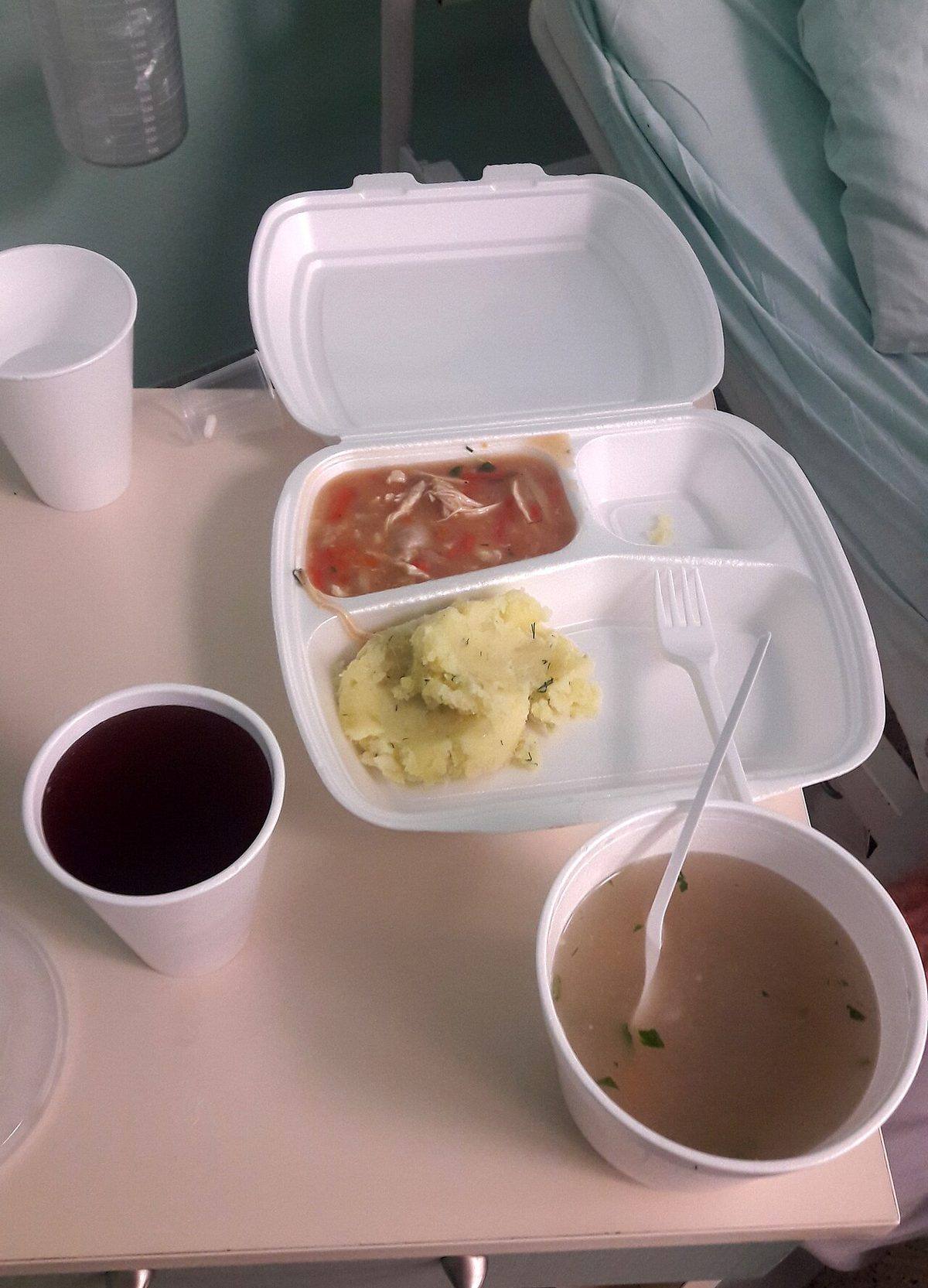 20181222 120728 Dinner at hospital in Poland, Sanok, Fruit drink, barley soup, sweet and sour chicken and...