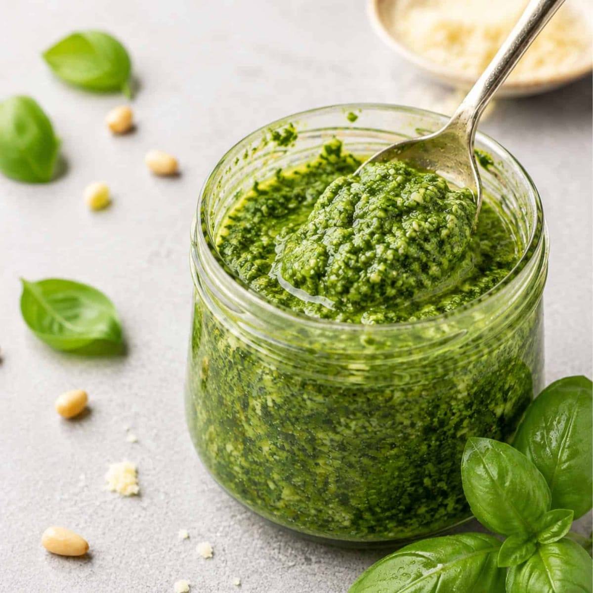 A glass jar filled with green basil pesto sauce, with a spoon inside, surrounded by fresh basil leaves and pin