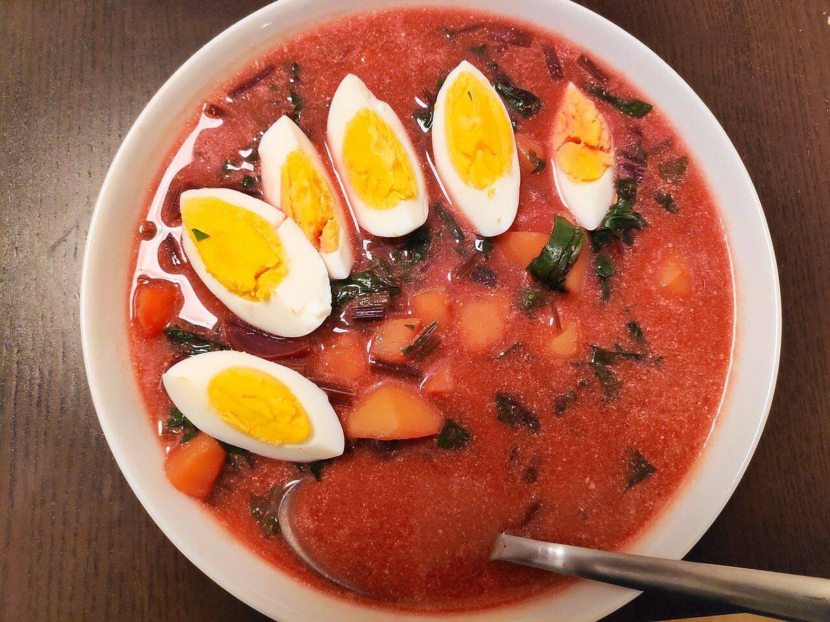 022 Polish cuisine, soup in Poland - botwinka soup made from beetroot leaves and root vegetables, se (Root Vegetable Soup)