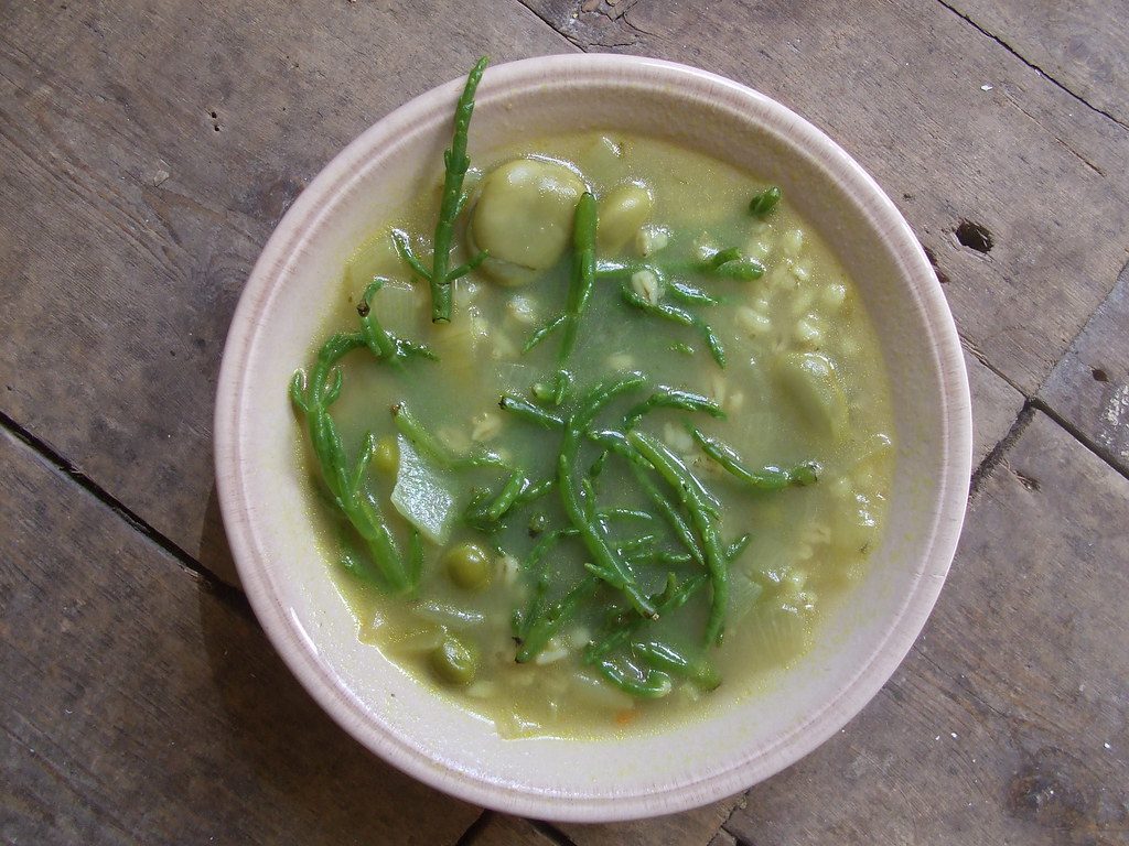 Samphire, broad bean, pea and barley soup (Samphire)