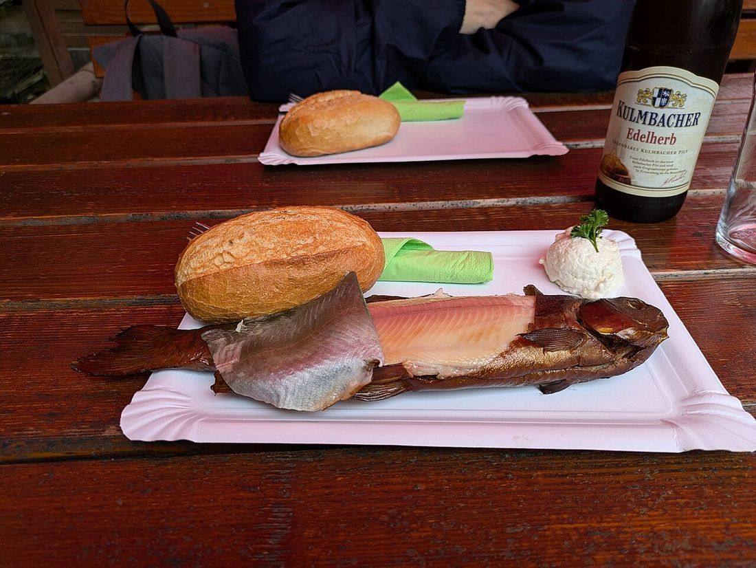 Smoked trout, smokery Heiner's Forellenräucherei, Schüttersmühle