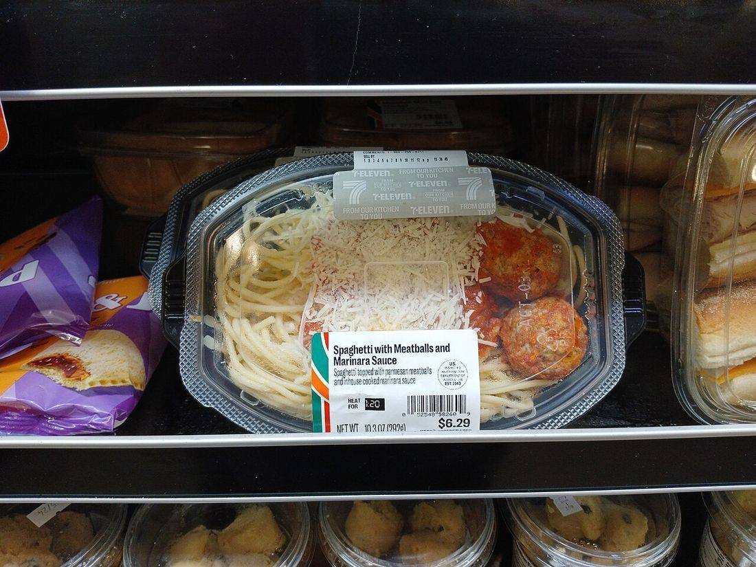 Spaghetti with Meatballs in Marinara Sauce found in the cold case at 7-Eleven (Spaghetti And Meatballs)