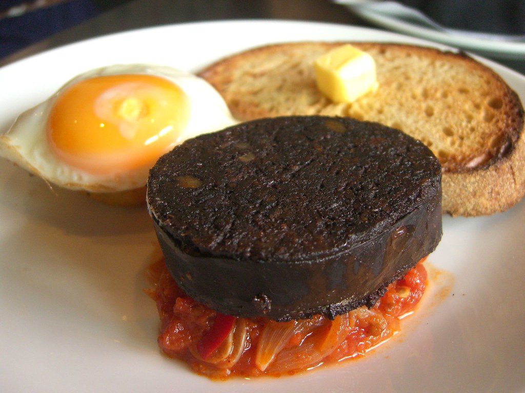Black Pudding, Stewed Tomatoes, Hash Brown and a Fried Egg - Birdman Eating (Stewed Tomatoes)